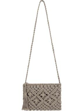 Women's Grey Crochet Shoulder Bag Handmade Woven Beach with Tassel for Summer